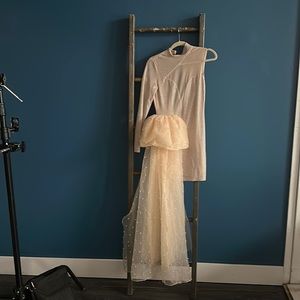 Champagne mini with pearl and sequin accents. Asymmetrical cocktail dress. Small